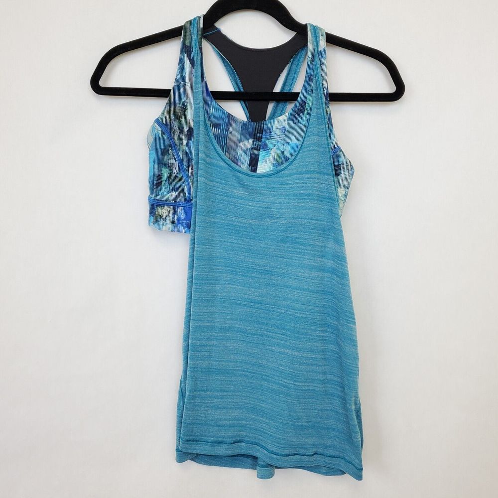 Lululemon Top Womens 4 Blue Tank Top Bra Twist Toil Heathered Teal Sun Dazed